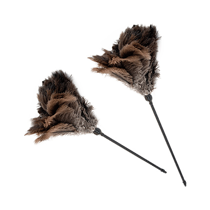Dusters Set of 2 first grade grey feathers, black plastic handle dusters.