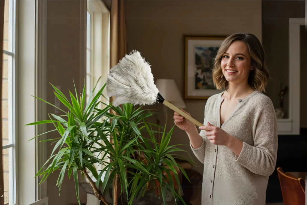 dusting indoor plants delicate ostrich feather